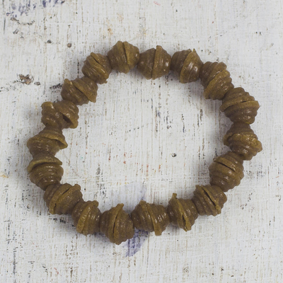 Recycled glass beaded stretch bracelet, 'Eco Honey' - Recycled Glass Beaded Stretch Bracelet in Brown