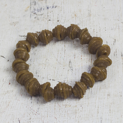 Recycled glass beaded stretch bracelet, 'Eco Honey' - Recycled Glass Beaded Stretch Bracelet in Brown
