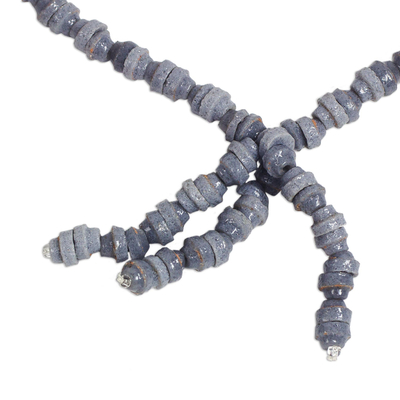 Recycled glass beaded pendant necklace, 'Eco Slate' - Recycled Glass Beaded Pendant Necklace in Grey from Ghana