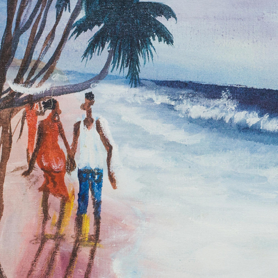 'Amantes en la playa' - Pintura de paisaje marino impresionista firmada de Ghana