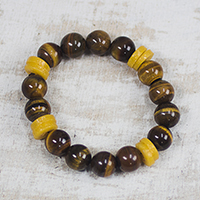 Tiger's Eye and Recycled Glass Beaded Stretch Bracelet,'Care for the Earth'