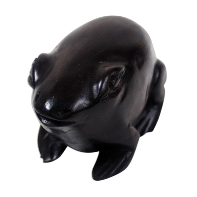 Wood figurine, 'Dark Frog' - Handmade Sese Wood Frog Figurine in Dark Brown from Ghana