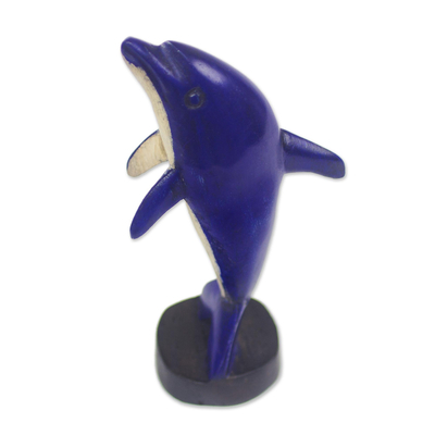 Wood statuette, 'Blue Dolphin' - Handmade Wood Dolphin Statuette in Blue from Ghana