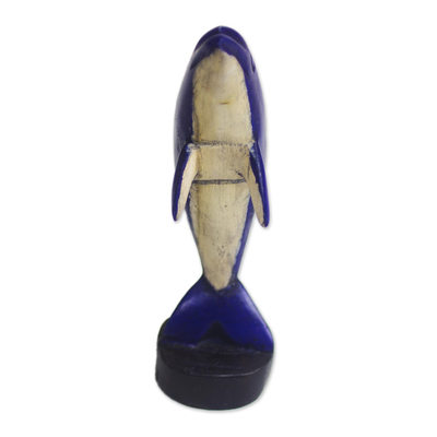 Wood statuette, 'Blue Dolphin' - Handmade Wood Dolphin Statuette in Blue from Ghana