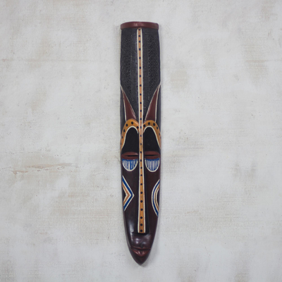 African wood mask, 'Otenten Sayare' - Tall Hand-Carved African Wood Mask from Ghana
