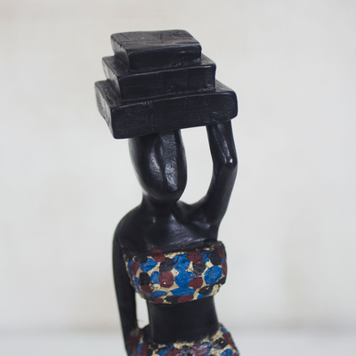 Wood sculpture, 'Boafo Woman' - Wood Sculpture of a Woman with Goods Atop Her Head