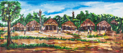 'Village Scene' - Signed Village Scene Impressionist Painting from Ghana