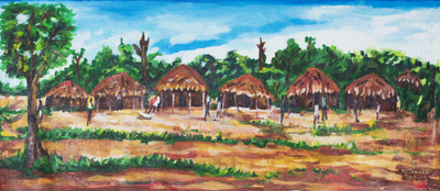 „Ins Dorf“. - Signierte impressionistische Landschaftsmalerei aus Ghana