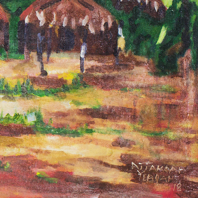 „Ins Dorf“. - Signierte impressionistische Landschaftsmalerei aus Ghana