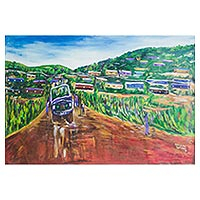 'Breakdown at the Village' - Pintura de paisaje impresionista firmada de Ghana