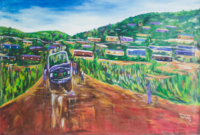„Zusammenbruch im Dorf“. - Signierte impressionistische Landschaftsmalerei aus Ghana