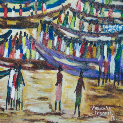 'Local Castle Beach Scene' (2018) - Pintura impresionista de escena de playa firmada de Ghana