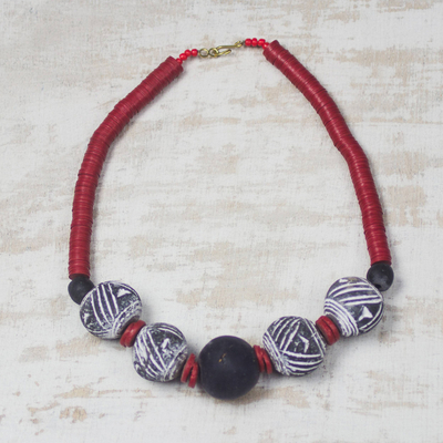Ceramic and recycled glass beaded necklace, 'Elikplim Beauty' - Ceramic and Recycled Glass Beaded Necklace from Ghana