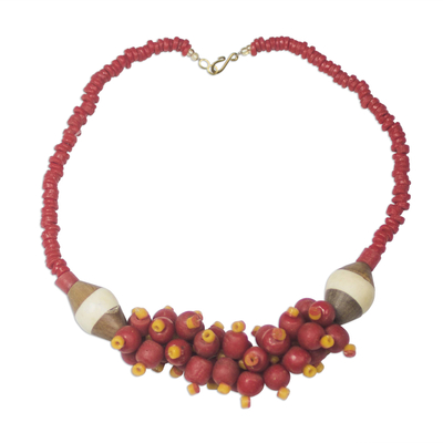 Recycled glass and wood beaded pendant necklace, 'Nuku Beads' - Red Recycled Glass and Wood Beaded Pendant Necklace