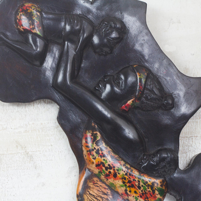 Reliefplatte aus Holz - Sese Wood Relieftafel für den afrikanischen Kontinent aus Ghana