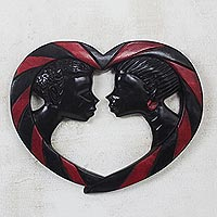 Wood wall sculpture, 'Passionate Lovers' - Romantic Sese Wood Wall Sculpture from Ghana