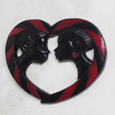 Wood wall sculpture, 'Passionate Lovers' - Romantic Sese Wood Wall Sculpture from Ghana