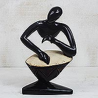 Escultura de madera, 'Shadow Drummer' - Sese Wood Drummer Sculpture de Ghana