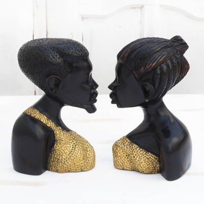 Esculturas de madera y latón, (pareja) - Esculturas de hombre y mujer en madera y latón de Ghana (par)