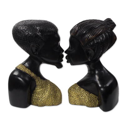 Esculturas de madera y latón, (pareja) - Esculturas de hombre y mujer en madera y latón de Ghana (par)