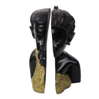 Wood and brass sculptures, 'Become One' (pair) - Wood and Brass Man and Woman Sculptures from Ghana (Pair)