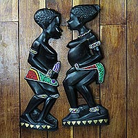 Wood wall sculptures, 'Dipo Dancers' (pair) - Sese Wood Dipo Dancer Wall Sculptures from Ghana (Pair)