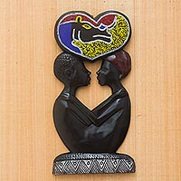 Recycled plastic beaded wood wall sculpture, 'Two Lovers' - Romantic Recycled Plastic Beaded Wood Wall Sculpture