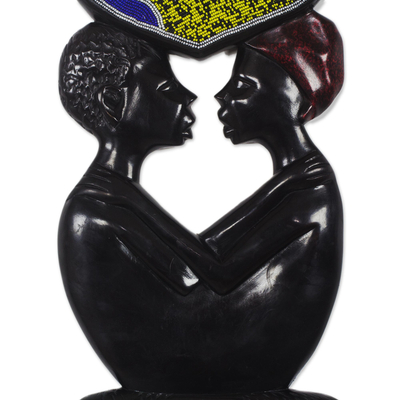 Recycled plastic beaded wood wall sculpture, 'Two Lovers' - Romantic Recycled Plastic Beaded Wood Wall Sculpture