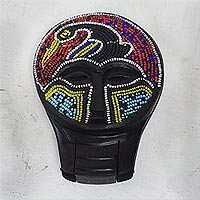 Recycled plastic beaded wood hand mirror, 'Eco Sankofa' - Recycled Plastic Beaded Wood Mask Hand Mirror from Ghana