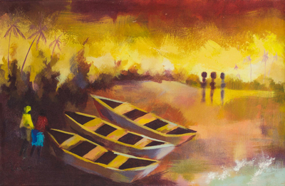 'Close of Business' - Signed Yellow Expressionist Landscape Painting from Ghana