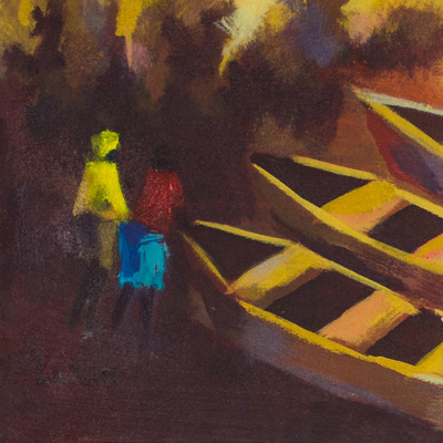 'Close of Business' - Signed Yellow Expressionist Landscape Painting from Ghana
