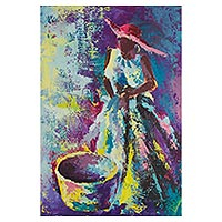 'Empty Bucket' - Signed Expressionist Painting of a Woman from Ghana