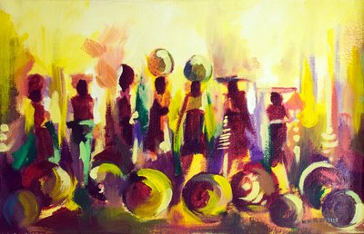'Hawkers On The Move' - Pintura de escena de mercado expresionista firmada de Ghana