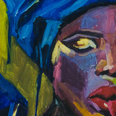 „Der Schrei einer Jungfrau“ (2015) – Signiertes expressionistisches Gemälde einer Frau in Blau (2015)