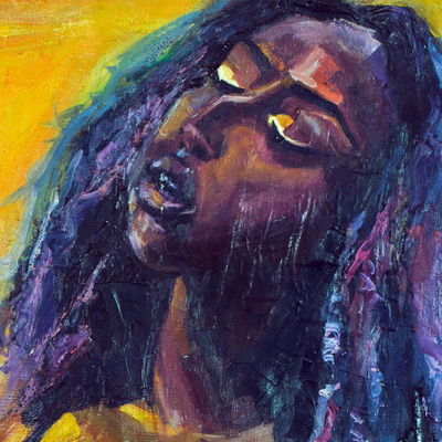 'Esperando a un pretendiente' (2015) - Pintura expresionista firmada de una mujer de Ghana (2015)