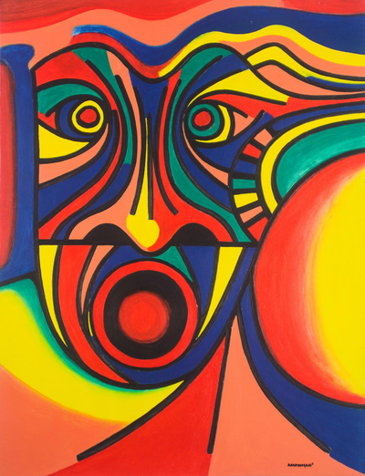 'Distortion' - Signed Curvy Abstract Painting from Ghana