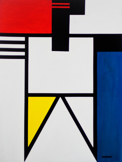 'Figure' - Signed Geometric Abstract Painting from Ghana