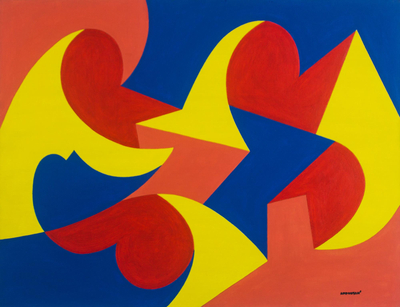 'Reunion' - Primary Color Signed Abstract Painting from Ghana