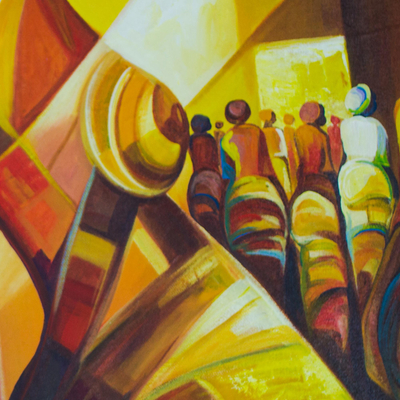 'Fleißige Frauen - Signierte Malerei afrikanischer Frauen in Gelb aus Ghana