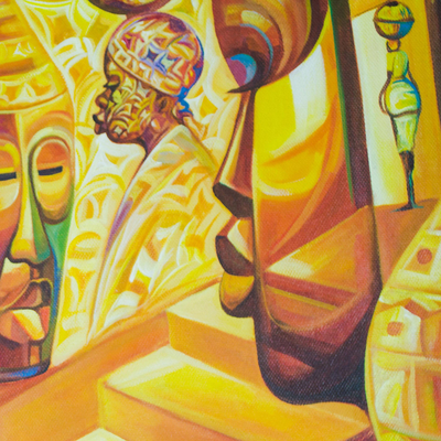 'Cabezas de sabiduría' - Pintura firmada de rostros en amarillo de Ghana