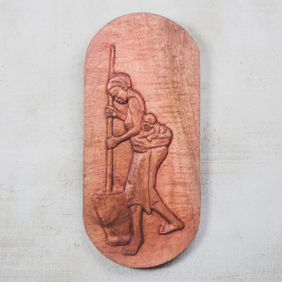 Wood relief panel, 'Traditional Milling' - Wood Relief Panel of a Woman Milling from Ghana