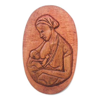 Wood relief panel, 'Breastfeeding II' - Oval Mother and Child Wood Relief Panel from Ghana