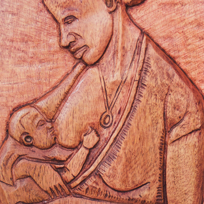 Wood relief panel, 'Breastfeeding II' - Oval Mother and Child Wood Relief Panel from Ghana