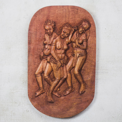 Wood relief panel, 'Puberty Dance' - Dance-Themed Wood Relief Panel from Ghana