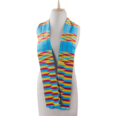 Cotton blend kente scarf, 'Artisan Hands' (2 strips) - Ghanaian 2-Strip Kente Cloth Scarf  in Turquoise and Yellow
