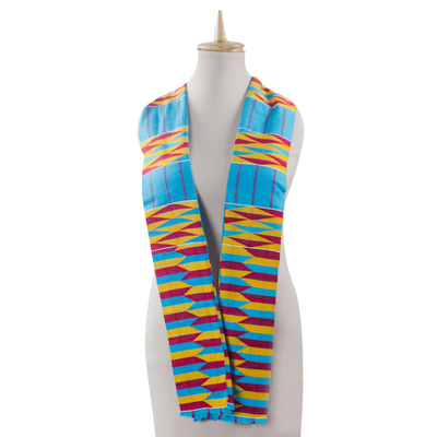 Cotton blend kente scarf, 'Artisan Hands' (3 strips) - Ghanaian 3-Strip Kente Cloth Scarf  in Turquoise and Yellow