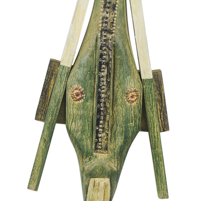 African wood mask, 'Green Goat' - Handcrafted African Wood Mask of a Green Goat from Ghana