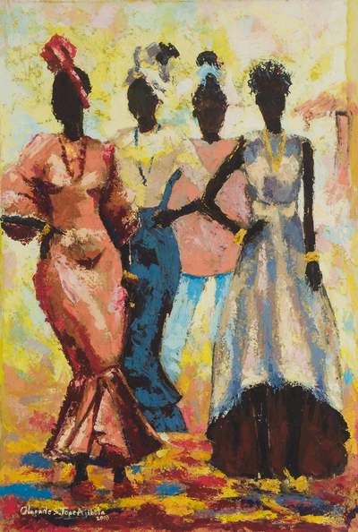 'Who Fine Pass' - Pintura expresionista firmada de cuatro mujeres de Nigeria
