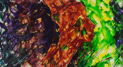„Trends“ – Signiertes dreifarbiges abstraktes Gemälde aus Nigeria