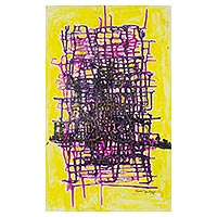 'Too Deeply Involved' - Signed Abstract Painting in Purple and Yellow from Nigeria